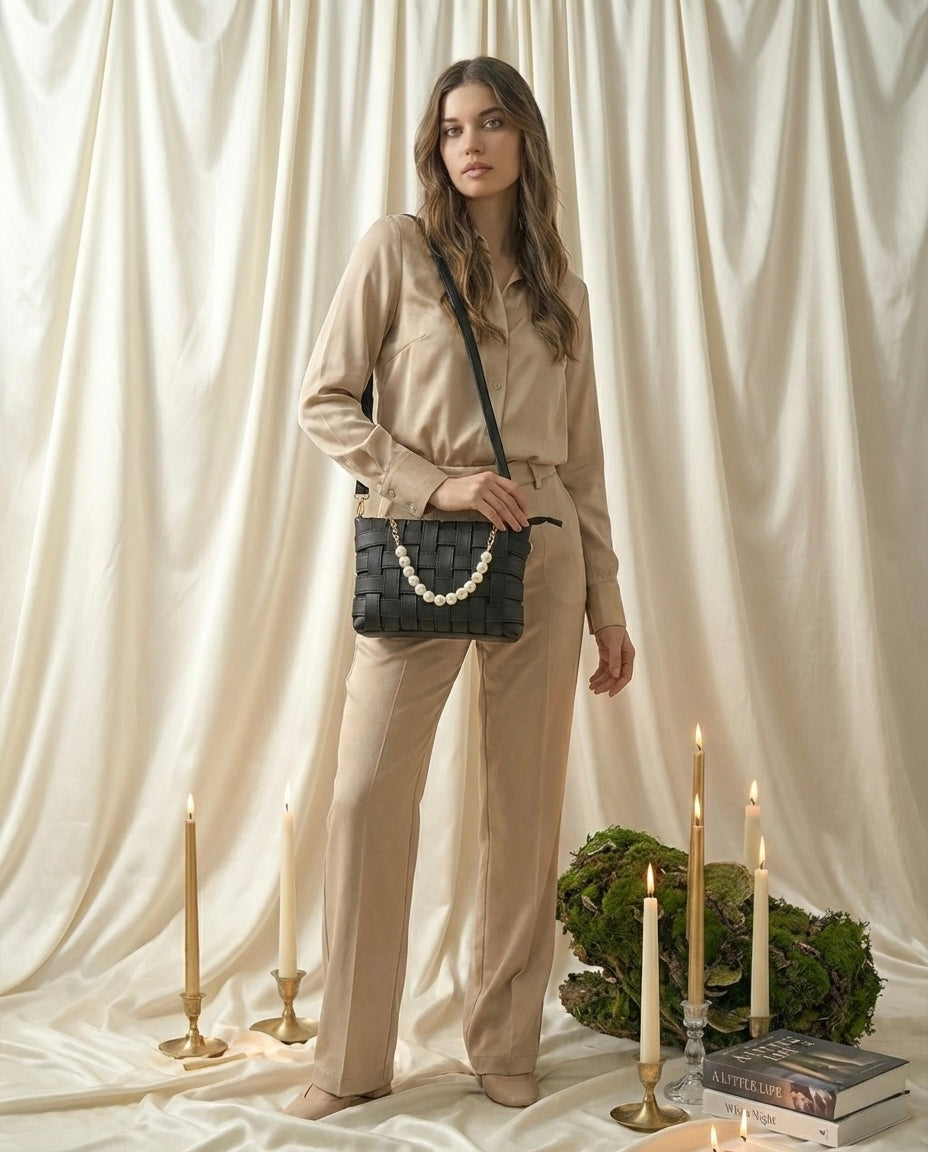 Woman holding a black handbag with white beads against a white curtain background