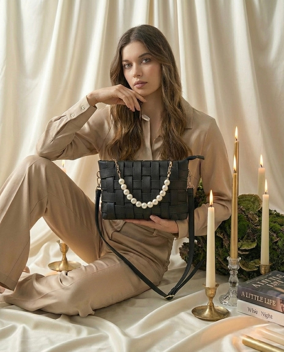 Woman holding a black handbag with pearls in a softly lit room with candles and books.