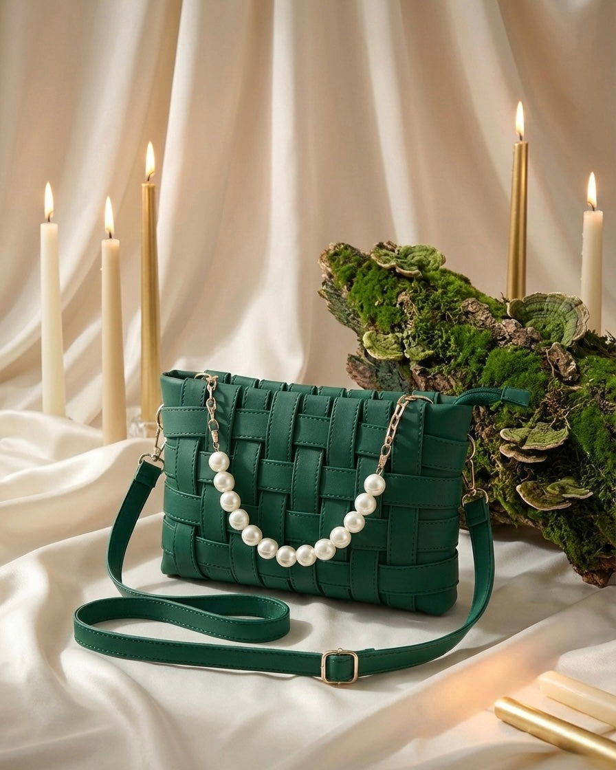 Green woven handbag with pearl strap on a white surface with candles and greenery.