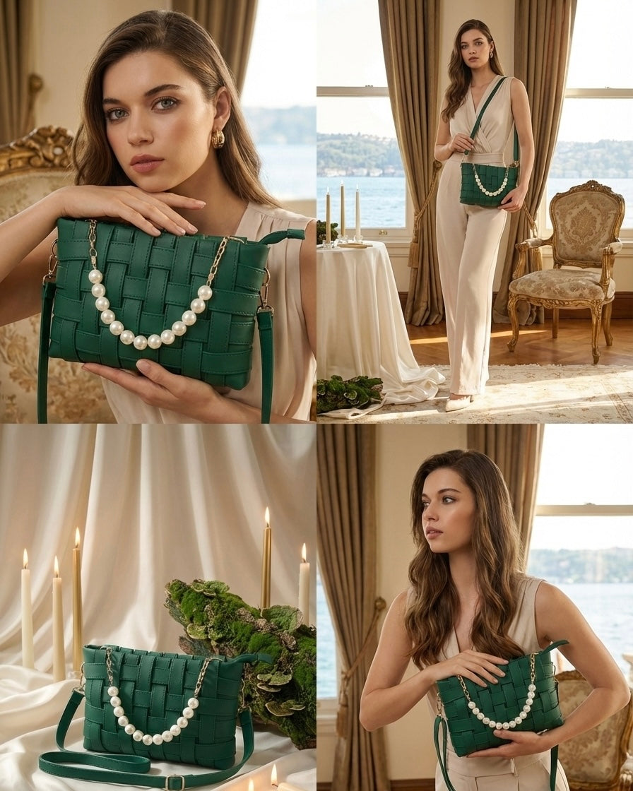Woman holding a green handbag with pearl details in various settings