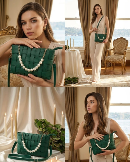 Woman holding a green handbag with pearl details in various settings